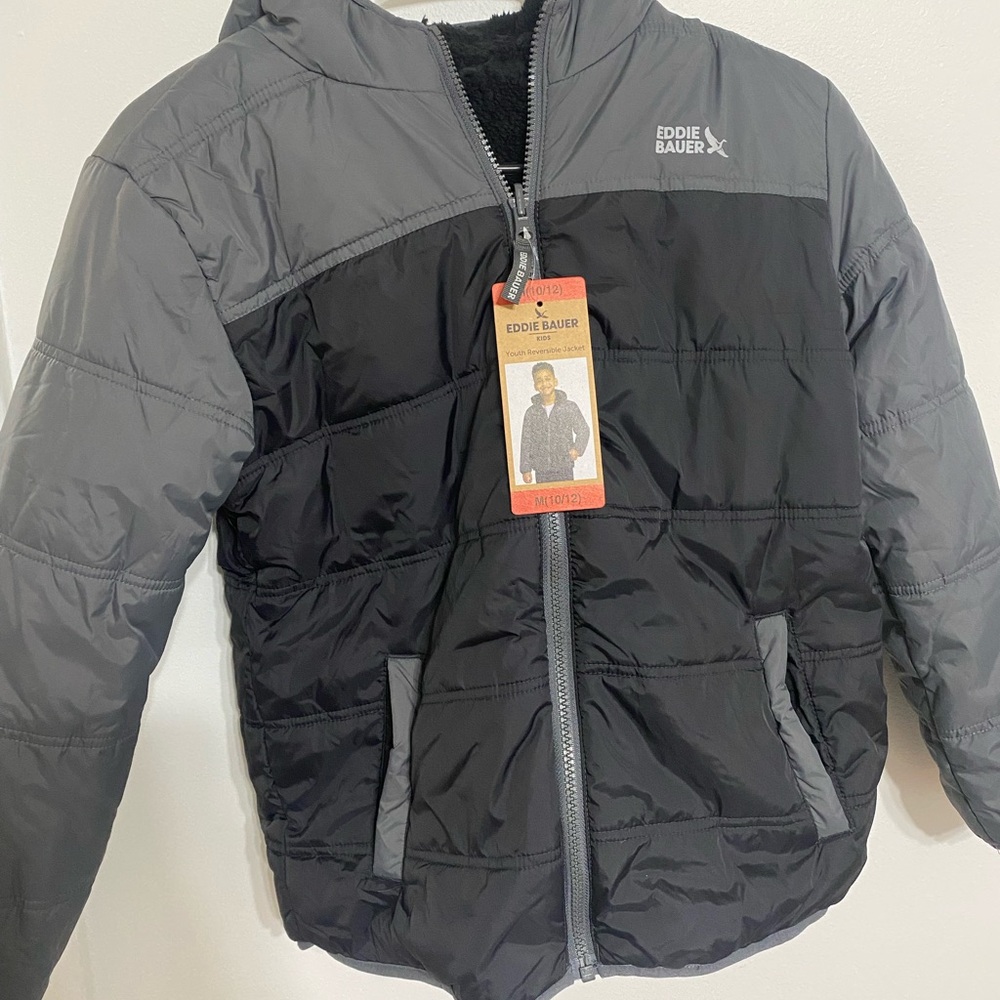 Eddie Bauer Black and Gray Reversible Puffer Jacket